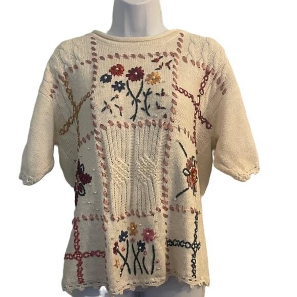 Shenanigans Sweaters - Shenanigans Cream Floral Design and Pearls Crew Neck Knit Sweater, Small